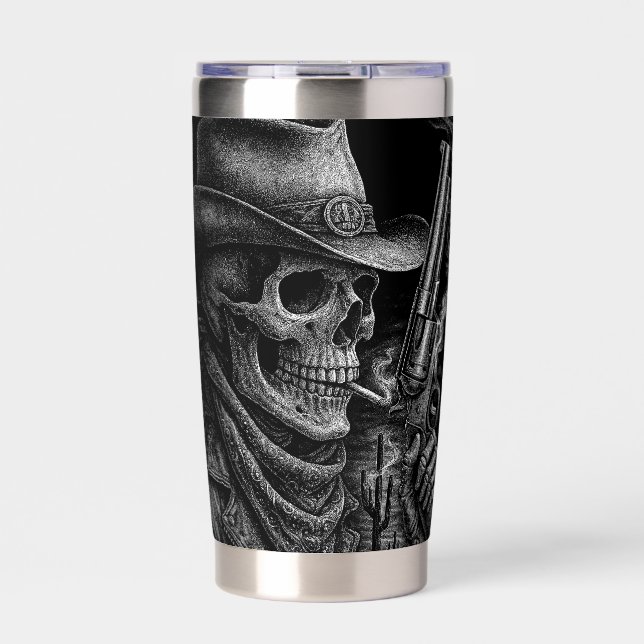 Skeleton Cowboy Smoking Gun Toting Monochromatic Insulated Tumbler (Front)