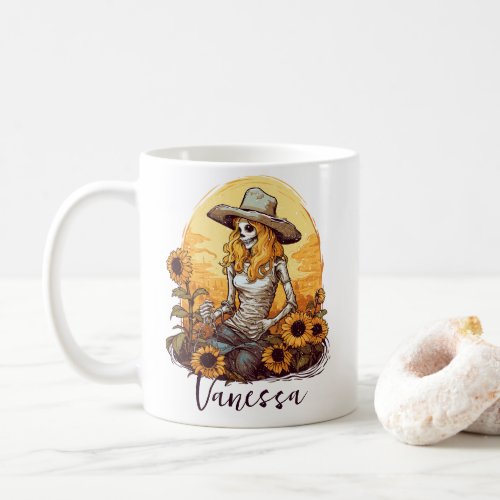 Skeleton Cowgirl Distressed Western Sunflowers Coffee Mug