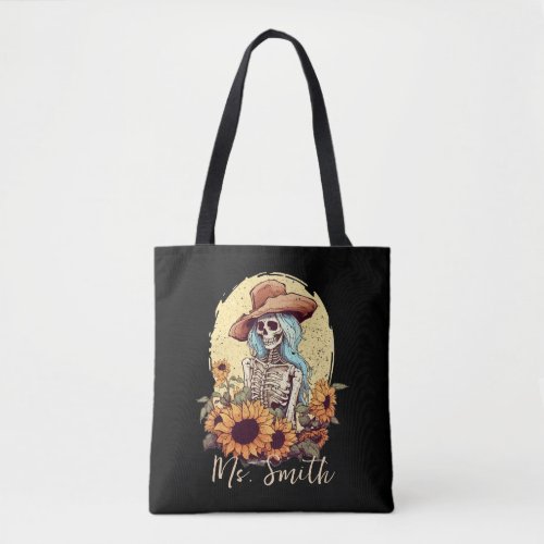 Skeleton Cowgirl Western Sunflowers Teacher Tote Bag