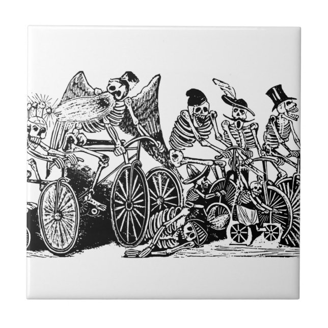 Skeleton Cyclists by José Guadalupe Posada Ceramic Tile (Front)