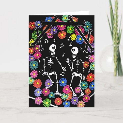 Skeleton Dancers Dancing to Music amongst Flowers  Holiday Card