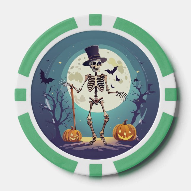 Skeleton Dancing Under The Moon Halloween Poker Chips (Front)