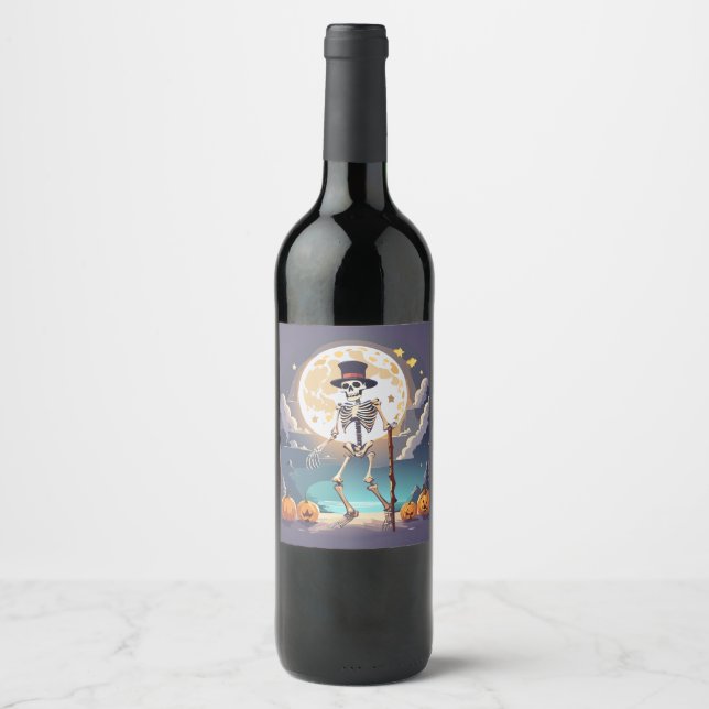 Skeleton Dancing Under The Moon Halloween Wine Label (Front)