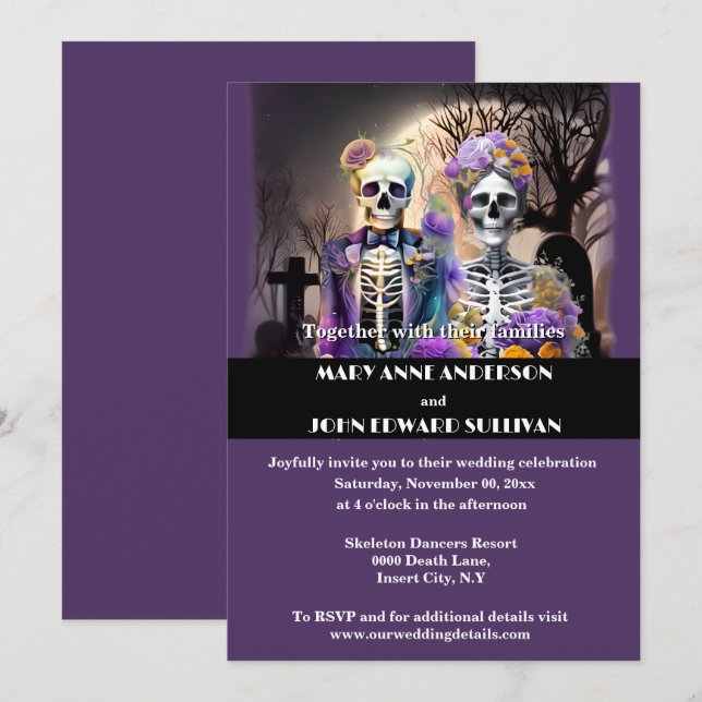Skeleton day dead purple yellow gothic wedding invitation (Front/Back)