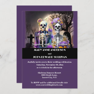 Skeleton day dead purple yellow gothic wedding invitation