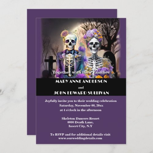 Skeleton day dead purple yellow gothic wedding invitation