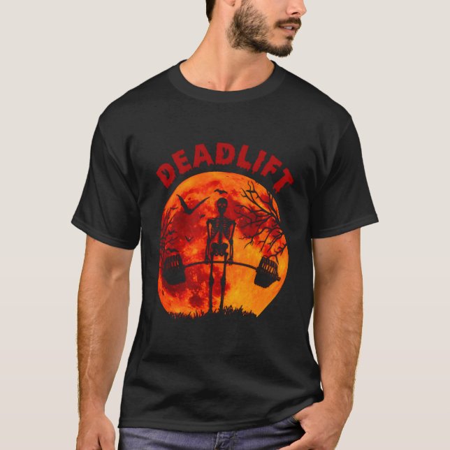 Skeleton Deadlift Workout Halloween Weight Lifting T-Shirt (Front)