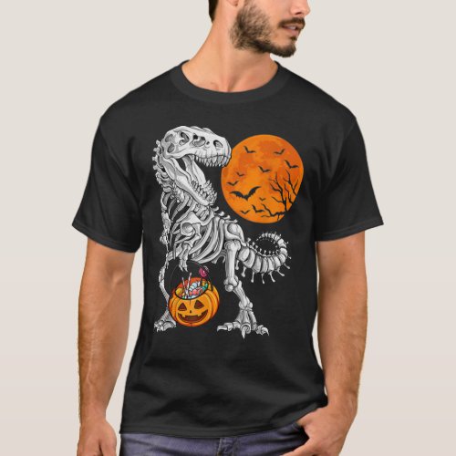 Skeleton Dinosaur T rex Pumpkin Funny Halloween T_Shirt