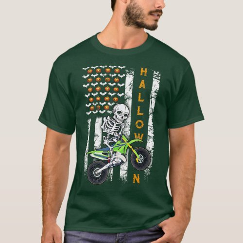 Skeleton Dirt Bike Halloween Motocross Biker US fl T_Shirt