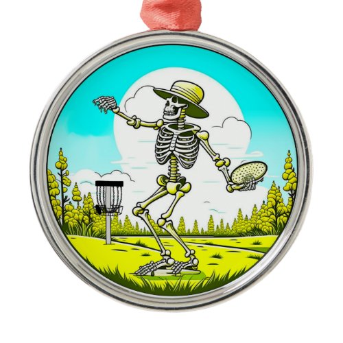 Skeleton Disc Golfing Themed Christmas Metal Ornament