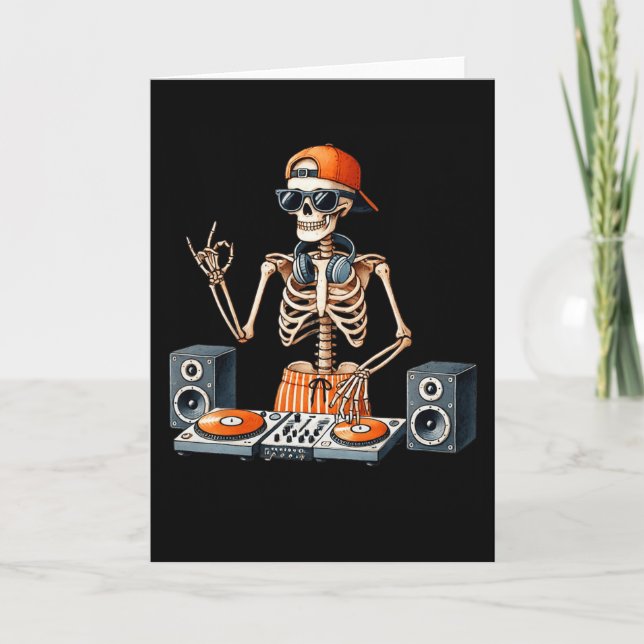 Skeleton Dj Halloween Costume Turntable Music Funn Card (Front)