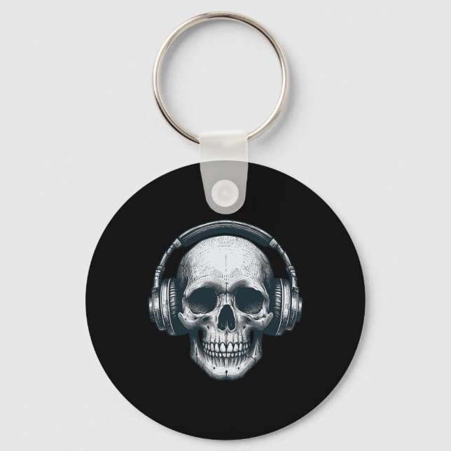 Skeleton Dj Headphones Spooky Skull Musician Hallo Keychain (Front)