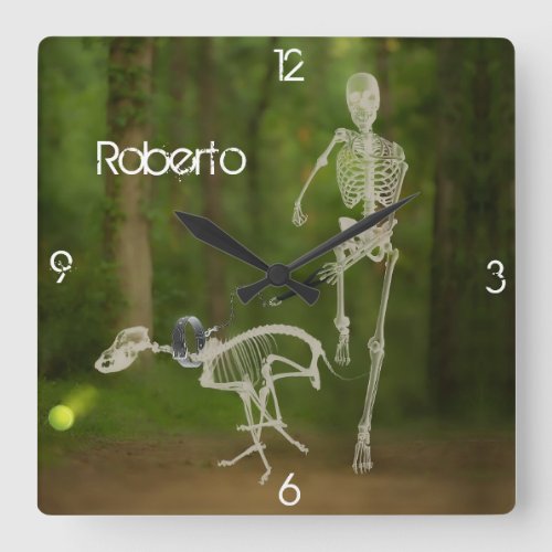 Skeleton Dog and Human Running   Square Wall Clock