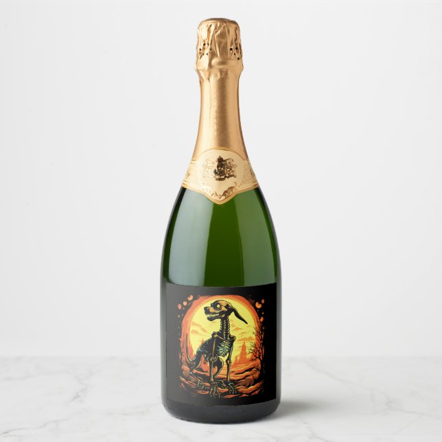 Skeleton Dog Halloween Art Sparkling Wine Label (Front)