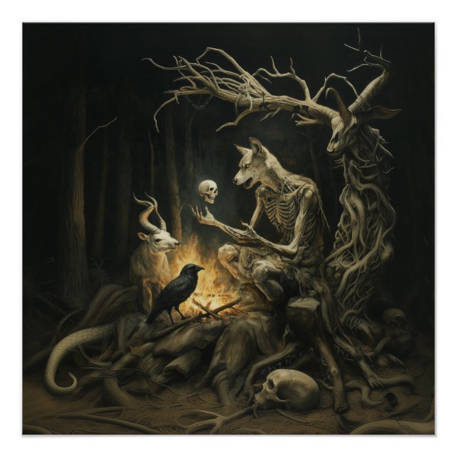 Skeleton Dog Moon Witchy AI Art Semi-Gloss Poster (Front)
