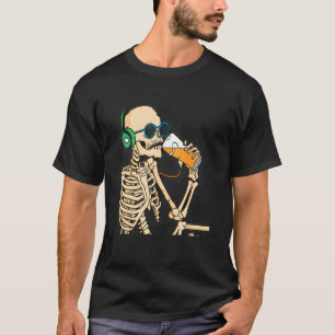 Skeleton Drinking Beer And Wearing Headphone And A T-Shirt