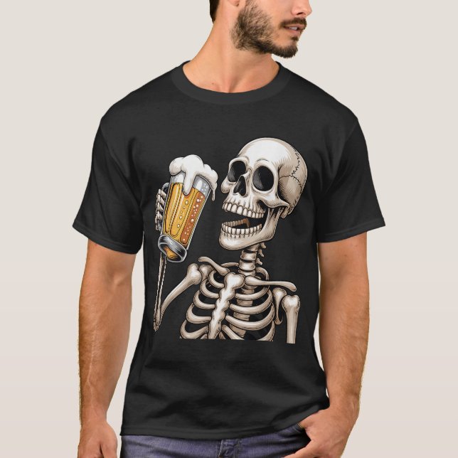Skeleton Drinking Beer Halloween Spooky Season  T-Shirt (Front)