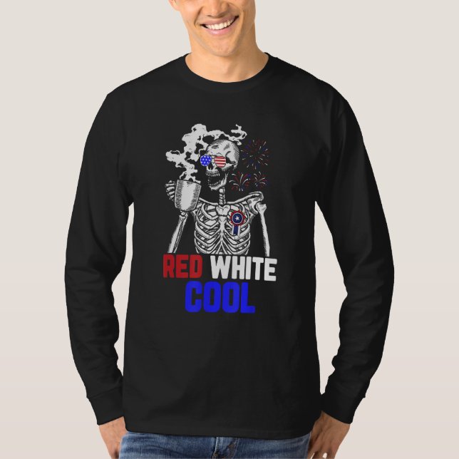 Skeleton Drinking Coffee 4th of July Cool Red And  T-Shirt (Front)