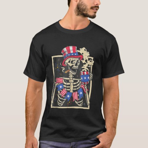 Skeleton Drinking Coffee 4th Of July Patriotic Ame T_Shirt