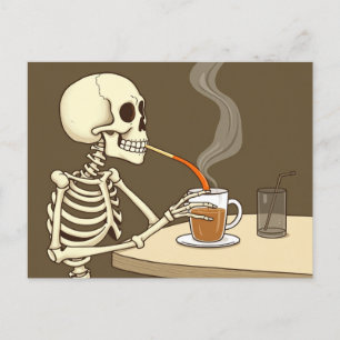 Skeleton Drinking Coffee Art Postcard