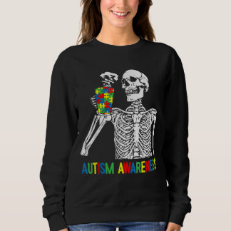 Skeleton Drinking Coffee Autism Awareness Puzzle P Sweatshirt