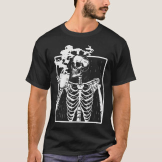 Skeleton Drinking Coffee Back White T-Shirt