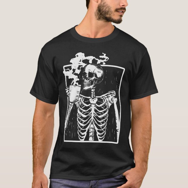 Skeleton Drinking Coffee Back White T-Shirt (Front)