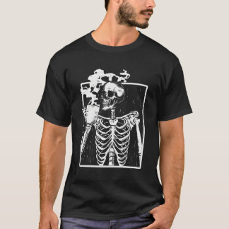 Skeleton Drinking Coffee Back White T-Shirt