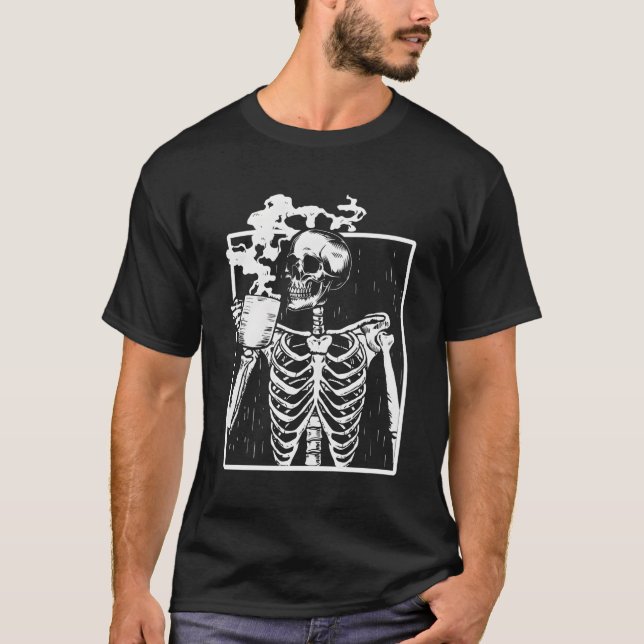 Skeleton Drinking Coffee Back White T-Shirt (Front)
