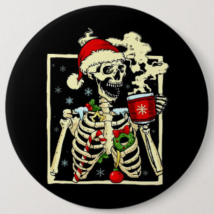 Skeleton Drinking Coffee Dead Inside But Christmas Button