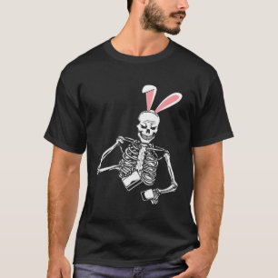 Skeleton Drinking Coffee Easter Bunny Ears Spring T-Shirt