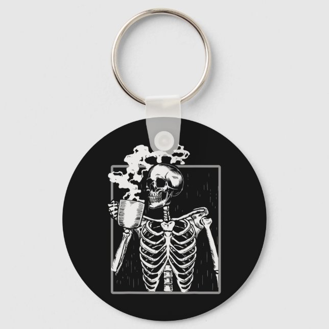 Skeleton Drinking Coffee Funny Skull Men Women Hal Keychain (Front)