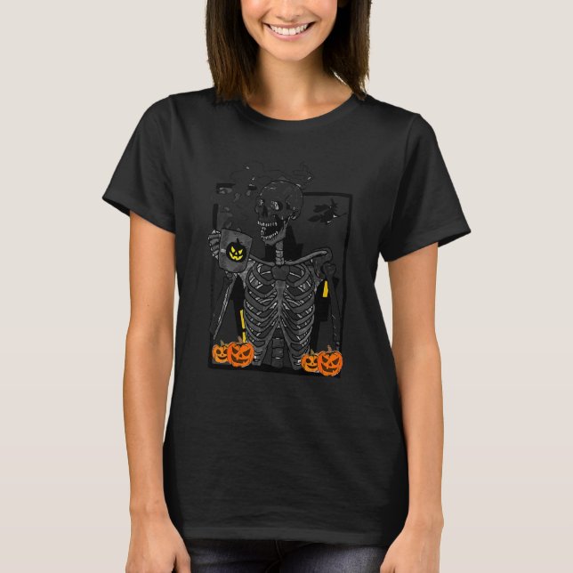 Skeleton Drinking Coffee  Halloween Costume Skull T-Shirt (Front)