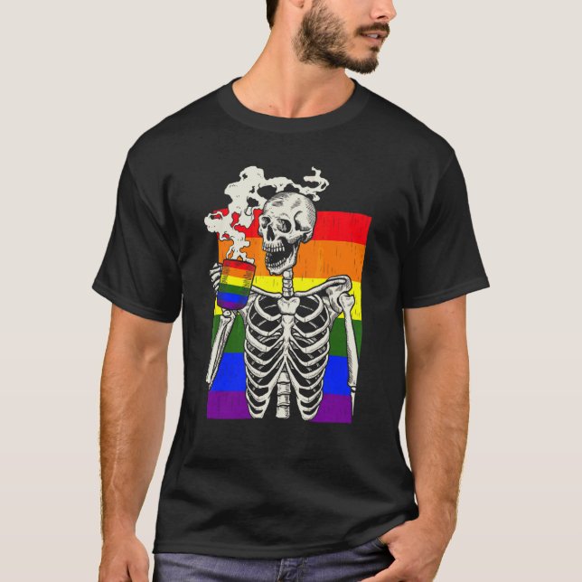 Skeleton Drinking Coffee Lgbt Q Retro Gay Pride Fl T-Shirt (Front)