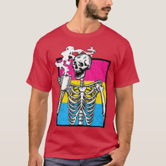 Skeleton Drinking Coffee LGBTQ Panseual Pride Pan T-Shirt
