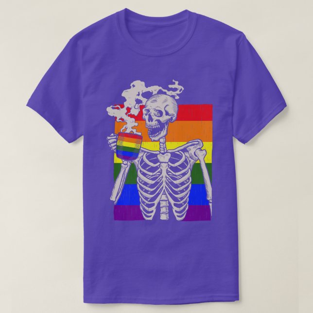 Skeleton Drinking Coffee LGBTQ Retro Gay Pride Fla T-Shirt (Design Front)