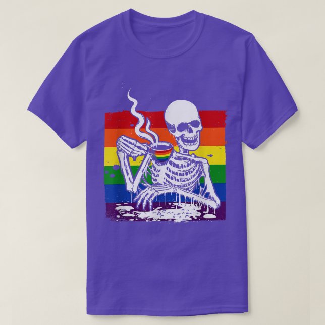 Skeleton Drinking Coffee LGBTQ Retro Gay Pride Fla T-Shirt (Design Front)