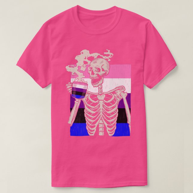 Skeleton Drinking Coffee LGBTQ Retro Genderfluid P T-Shirt (Design Front)