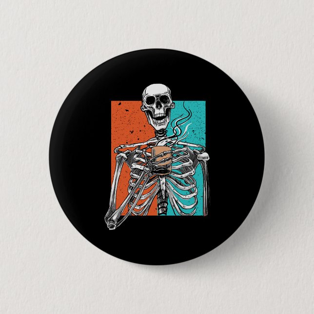 Skeleton Drinking Coffee Lover Fun Halloween Skull Button (Front)
