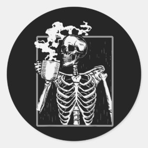 Skeleton Drinking Coffee Lover Funny Halloween Sku Classic Round Sticker