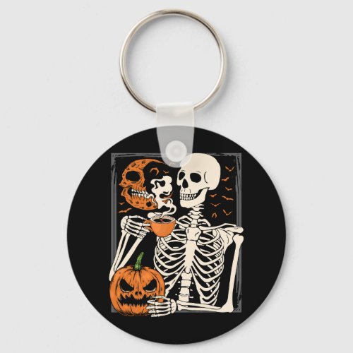Skeleton Drinking Coffee Lover Halloween Skull Cir Keychain