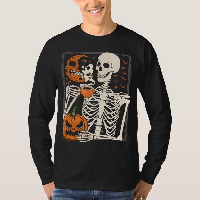 Skeleton Drinking Coffee Lover Halloween Skull ML T-Shirt (Front)