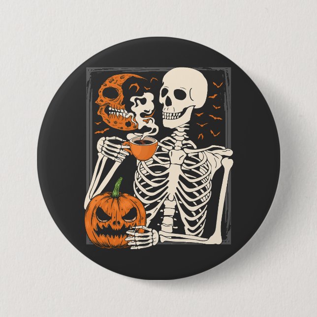 Skeleton Drinking Coffee Lover Halloween Skull RO Button (Front)