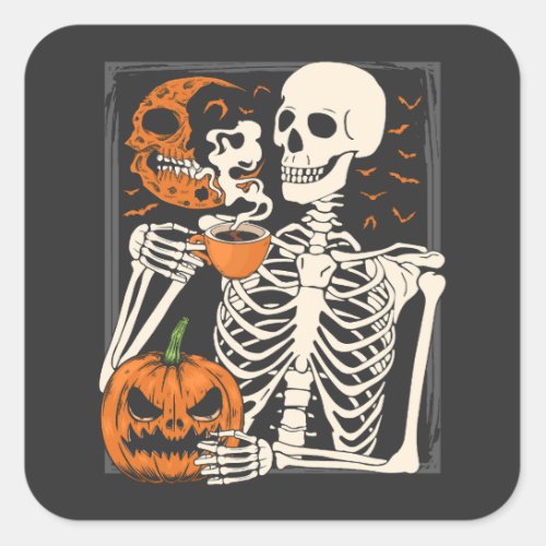 Skeleton Drinking Coffee Lover Halloween Skull Square Sticker