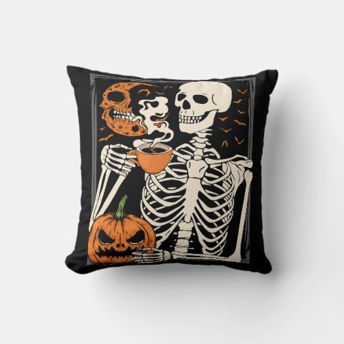 Skeleton Drinking Coffee Lover Halloween Skull Throw Pillow