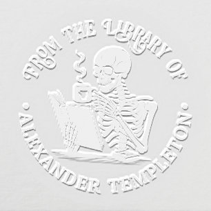 Skeleton Drinking Coffee Reading Book #2 Name Embosser