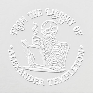 Skeleton Drinking Coffee Reading Book #2B Name Embosser