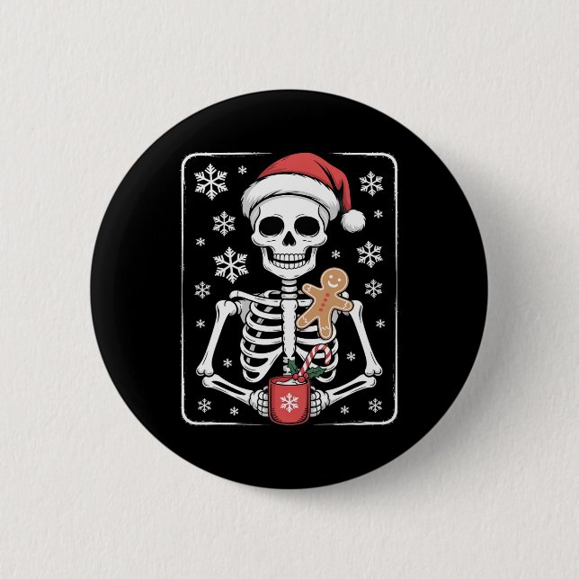 Skeleton Drinking Coffee Santa Hat Christmas  Button (Front)