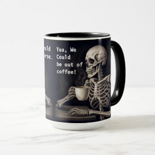 Skeleton drinking coffee with friend mug