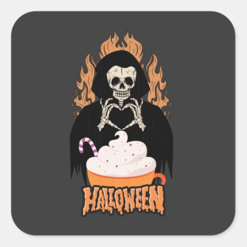 Skeleton Drinking Hot Chocolate Cute Halloween  Square Sticker